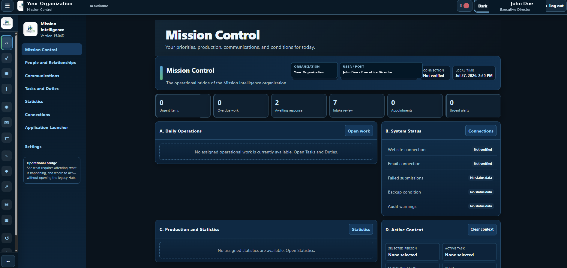 Mission Intelligence desktop interface using sample organization and user names